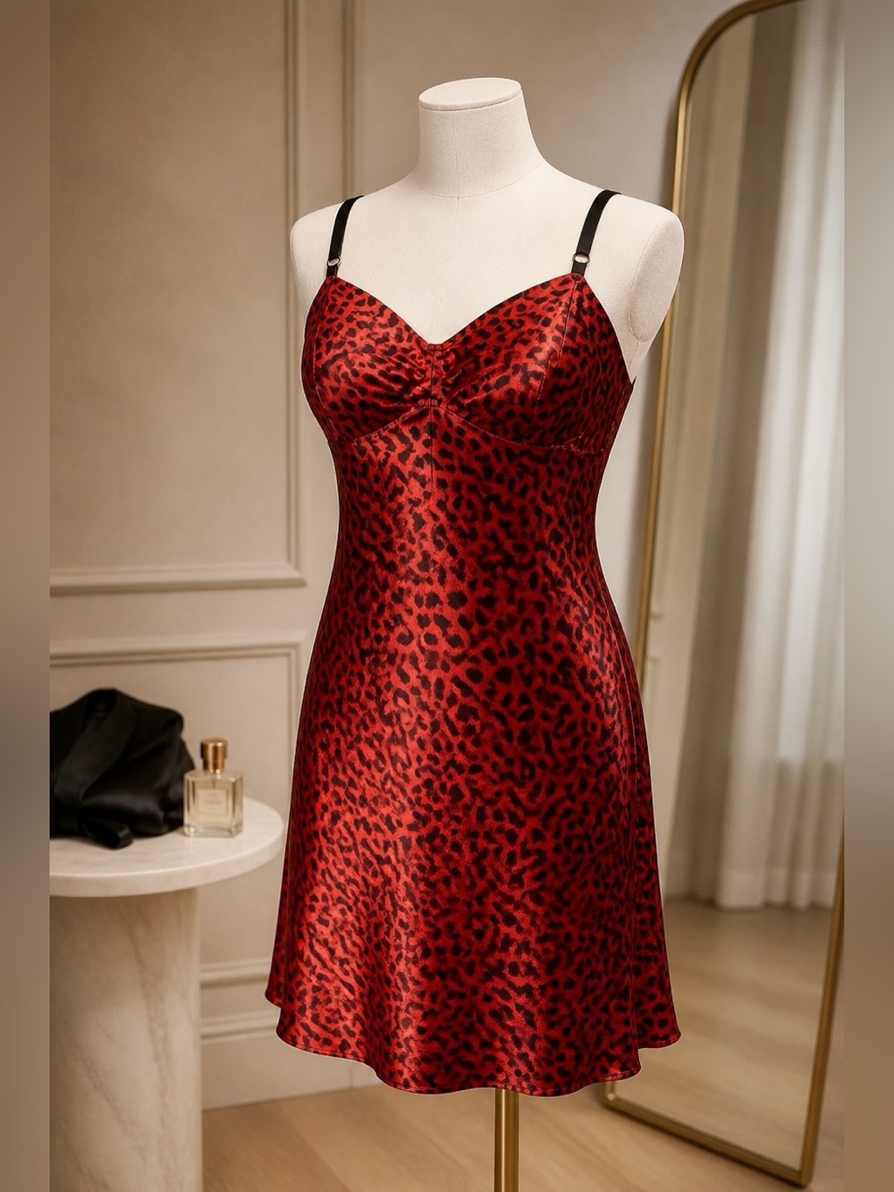 Victoria's Secret Red and Black Animal Print Satin Chemise Size Large